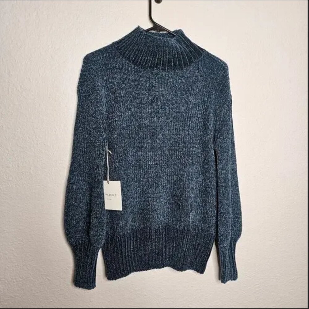 NWT CYNTHIA Rowley Luxe Blue Soft Chunky Knit Chenille Turtleneck Sweater small